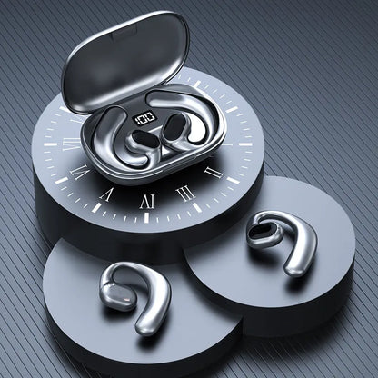 Black ear-mounted Bluetooth headset showing digital display screen and ear hook design