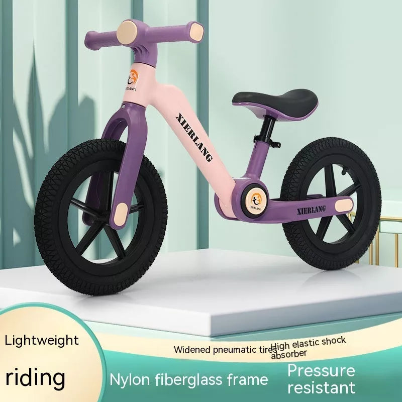 Foldable kids balance bike in grass green, light brown, or pink purple, sizes 12inch and 14inch