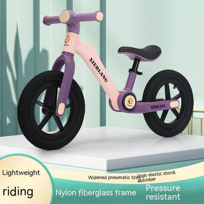 Foldable kids balance bike in grass green, light brown, or pink purple, sizes 12inch and 14inch