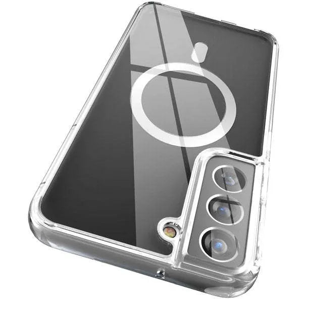 Transparent MagSafe magnetic phone case for Samsung Galaxy S21 S22 S23 series showing clear TPU construction