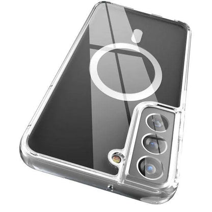 Transparent MagSafe magnetic phone case for Samsung Galaxy S21 S22 S23 series showing clear TPU construction