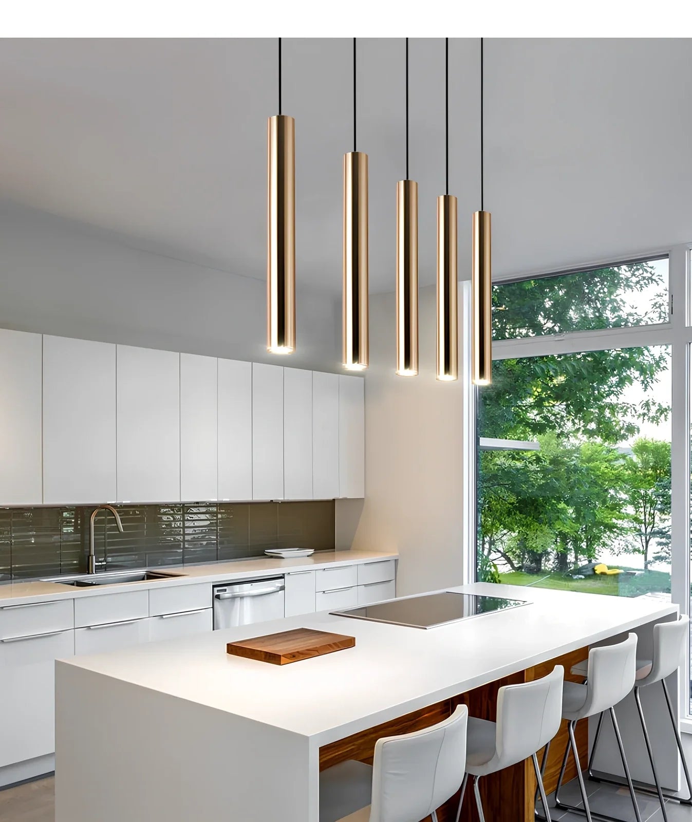 French gold cylindrical chandelier in iron with PMMA shade, single LED for 1-3㎡, lengths 20-100cm