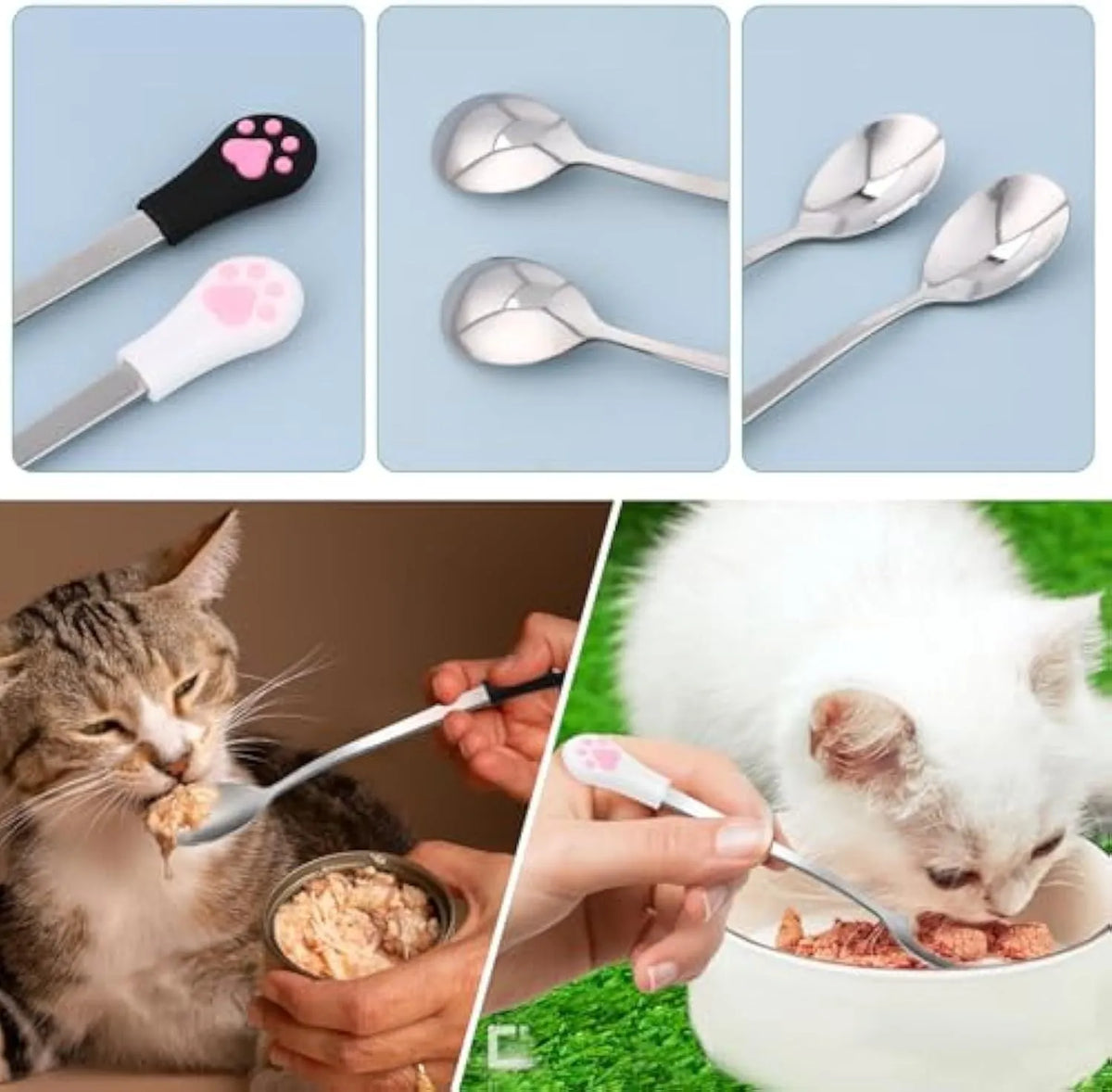 White and black cat paw print pet food spoons with stainless steel bowls