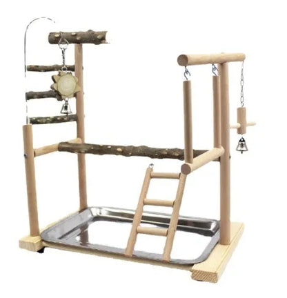 Tiger skin peony coloured parrot play stand made from pepper wood, featuring a xuanfeng design with a sub-stand pole and hanging toys.
