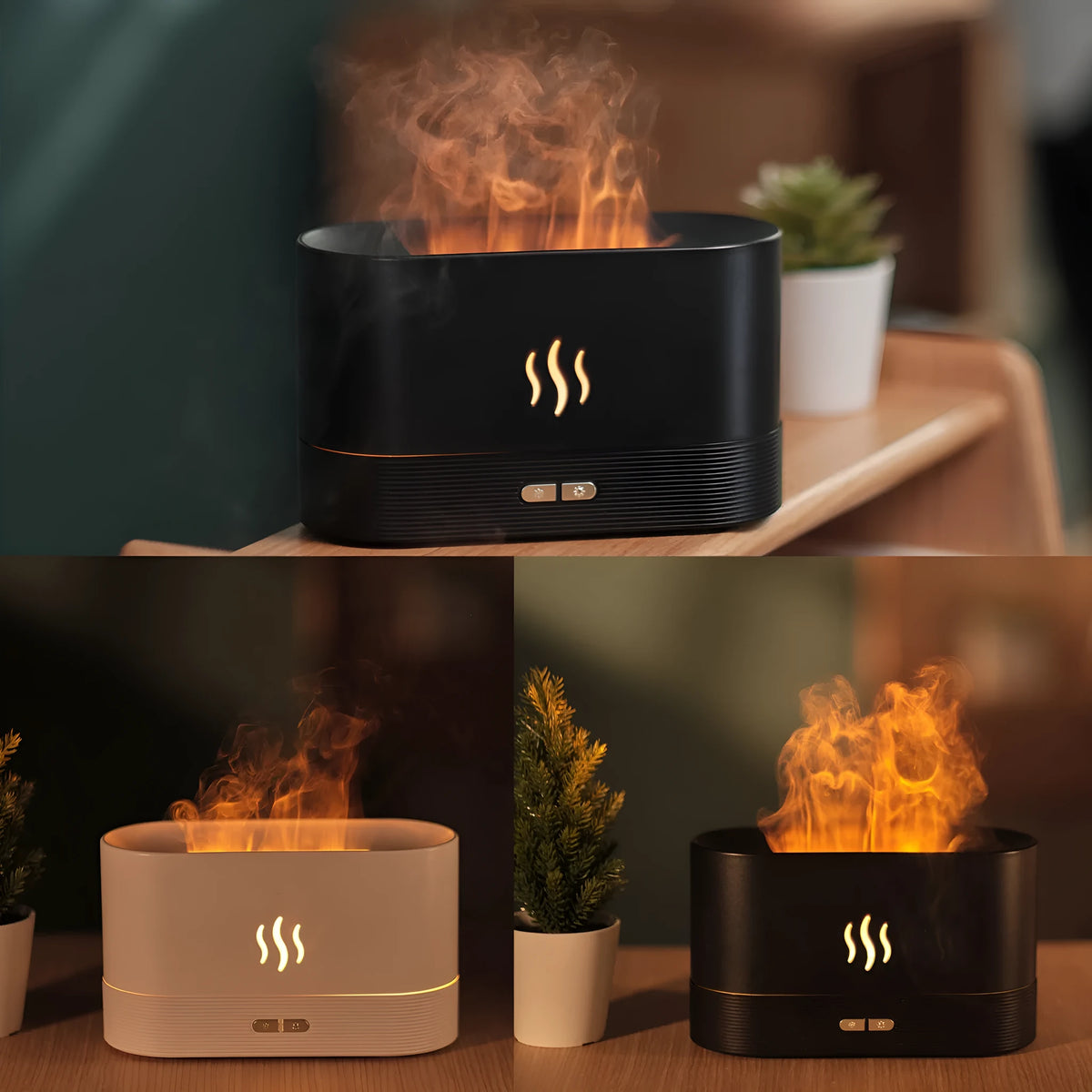 Square black aroma diffuser with flame light effect and mist output, 75x75x137mm