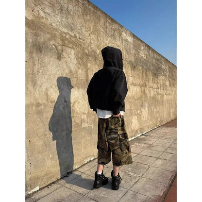 Men's camouflage cropped jeans with ripped details and straight leg fit in thin cotton fabric