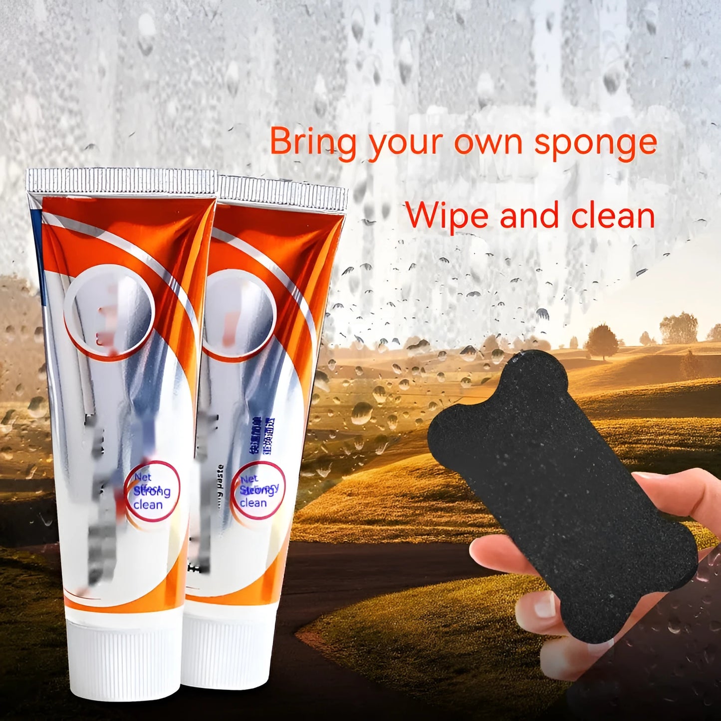 Car windshield scavenging agent white paste in 65ml container with spong mop applicator for oil stain removal