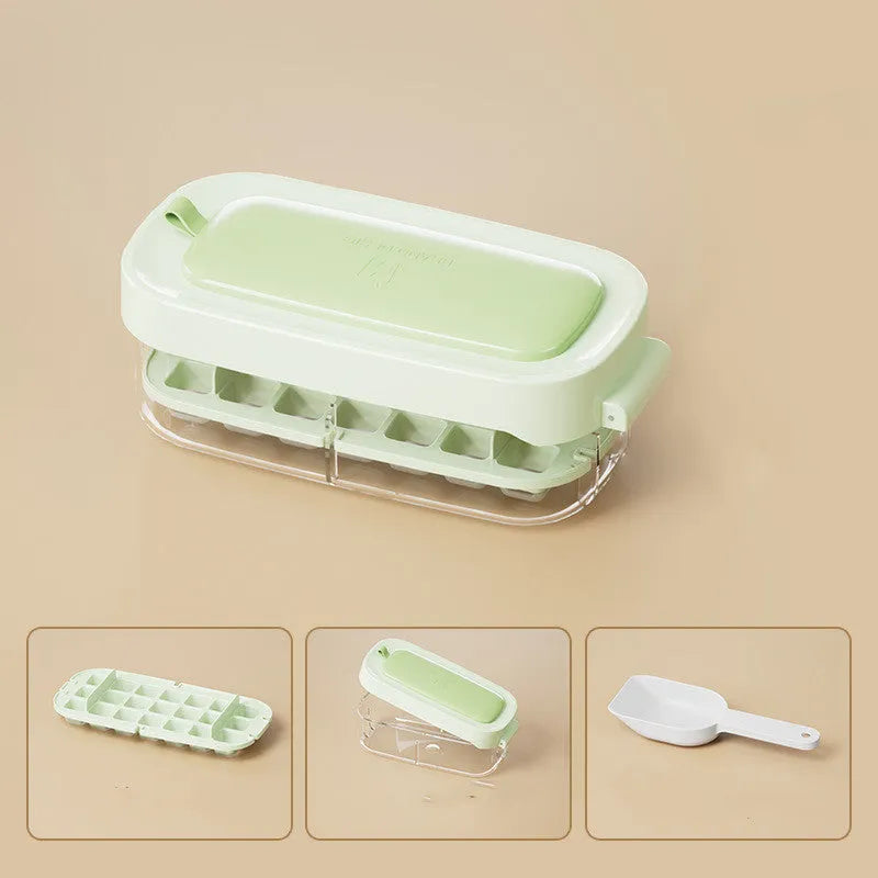 Yellow and blue food grade plastic ice cube trays with ice shovel stored in dedicated slot