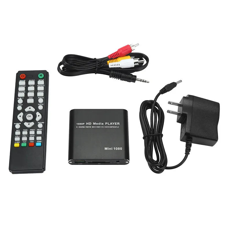 Black or blue 1080P Full HD media player with HDMI port, SD card slot, and USB inputs.