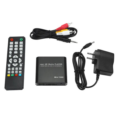 Black or blue 1080P Full HD media player with HDMI port, SD card slot, and USB inputs.