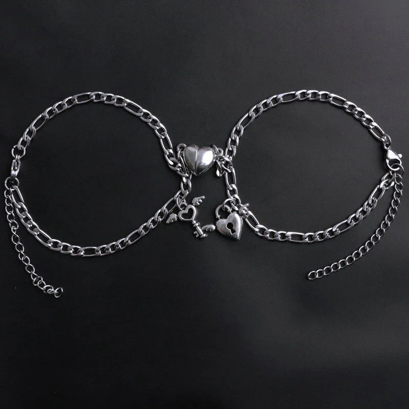 Stylish heart-shaped couple's bracelets with delicate floral accents made of durable iron chain