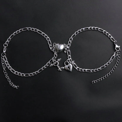 Stylish heart-shaped couple's bracelets with delicate floral accents made of durable iron chain