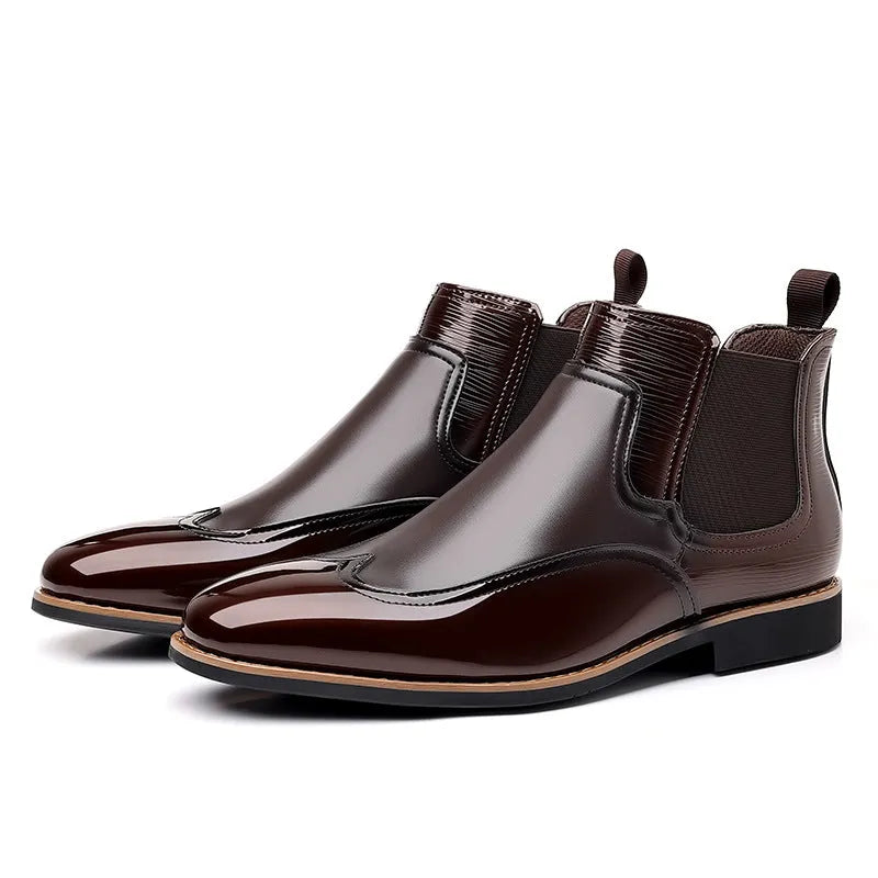 Men's Chelsea boots in black or dark brown faux leather with elastic band and low heel, sizes 38-48
