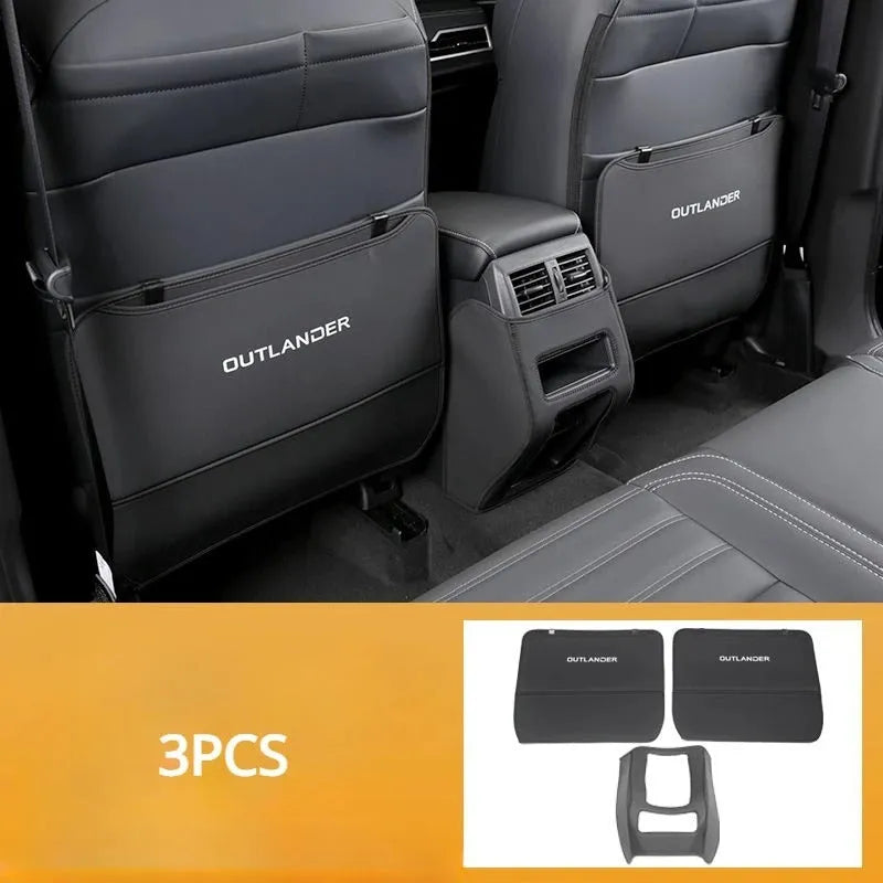 Set of three leather anti-kick protection pads for a Mitsubishi Outlander car interior.