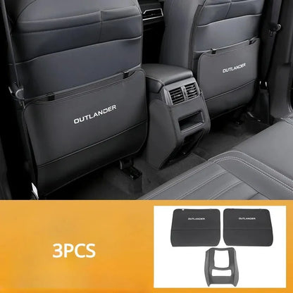 Set of three leather anti-kick protection pads for a Mitsubishi Outlander car interior.