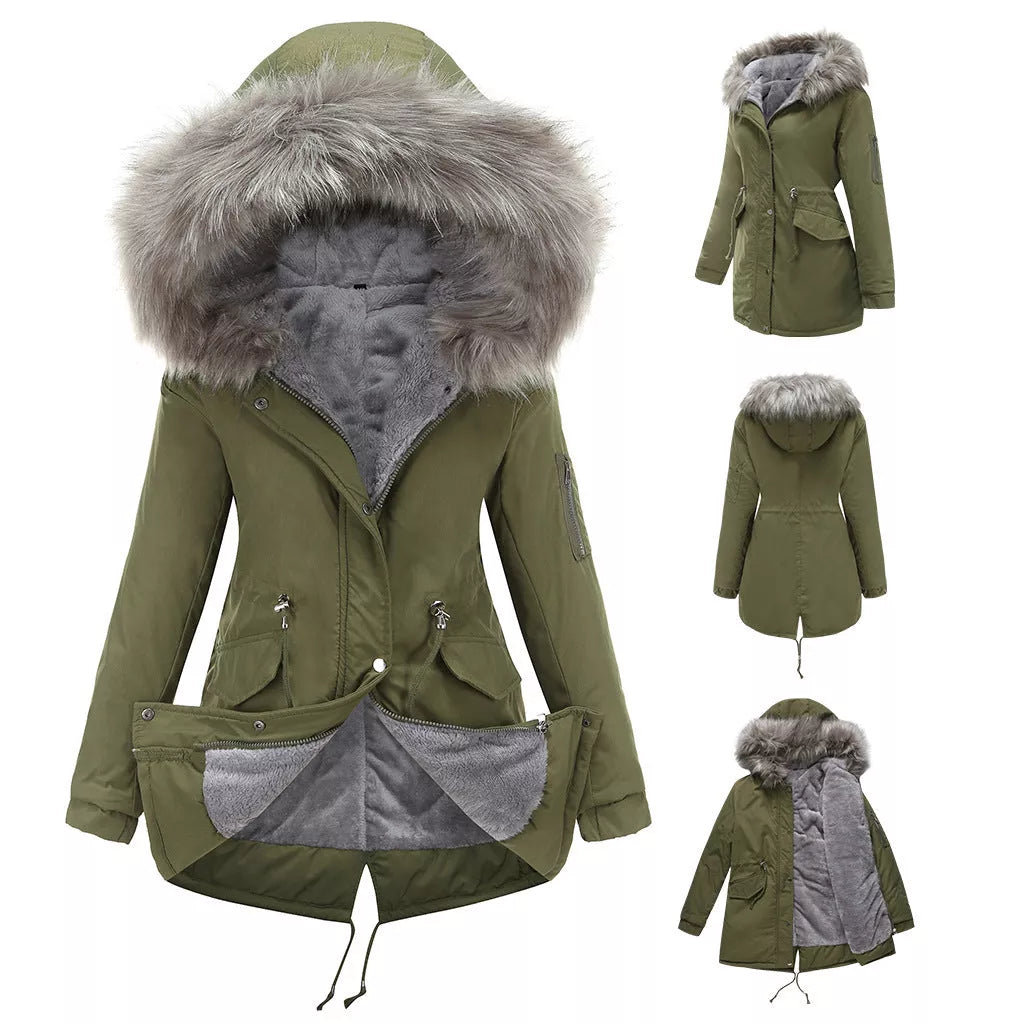 Mid-length hooded parka in various colors, ideal for cold weather protection