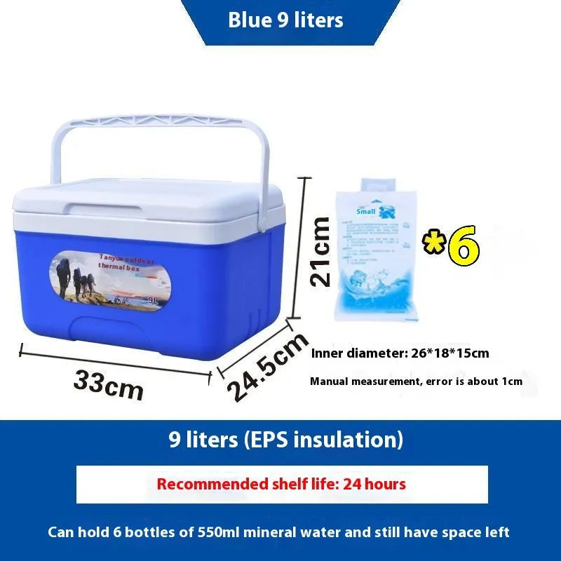 Blue aluminium foil insulated portable cooler box with multiple capacity size options.