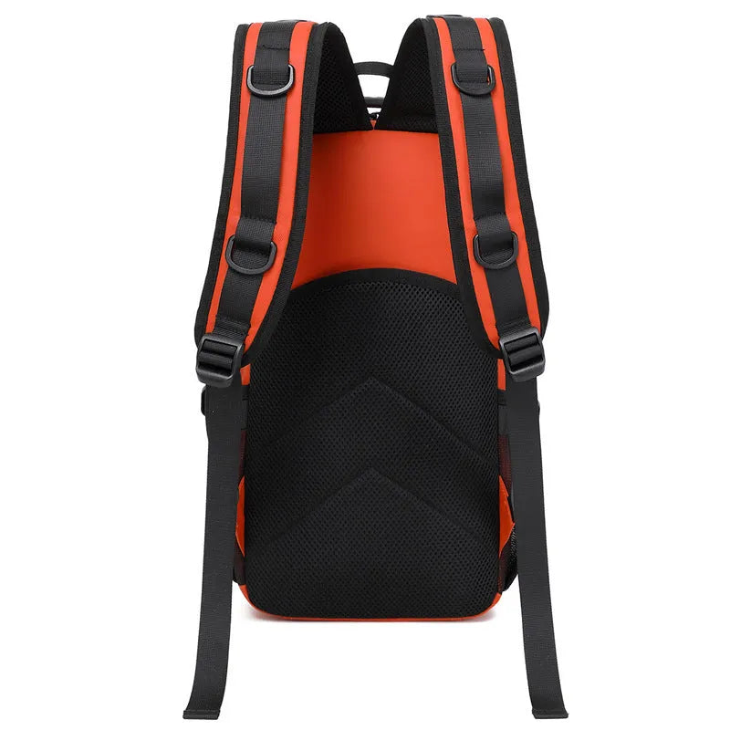 Large orange and black outdoor backpack with 20-35L capacity for hiking and camping