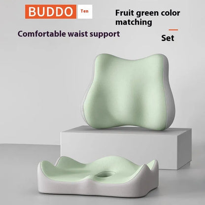 Memory foam seat cushion with contoured shape for lower back support, measuring 40cm x 40cm