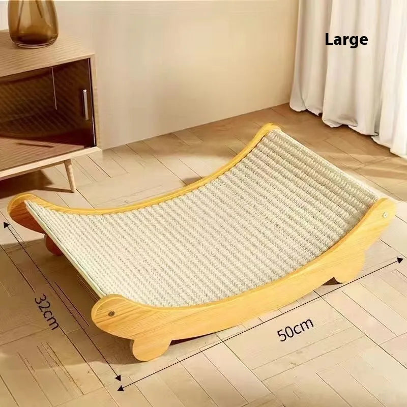 A sisal blanket cat scratch board shown in an angled position, available in large and small size options.