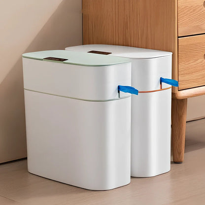 Automatic electric trash bin with infrared sensor opening, available in azure blue, white, and four other colours