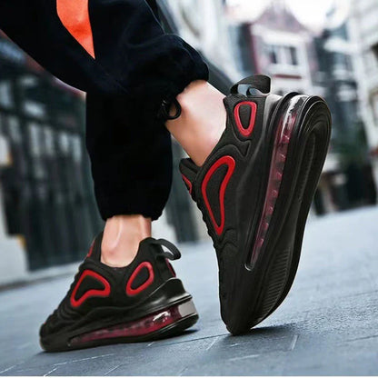 Comfortable air cushion sneakers for stylish men in various black, red, and white color options