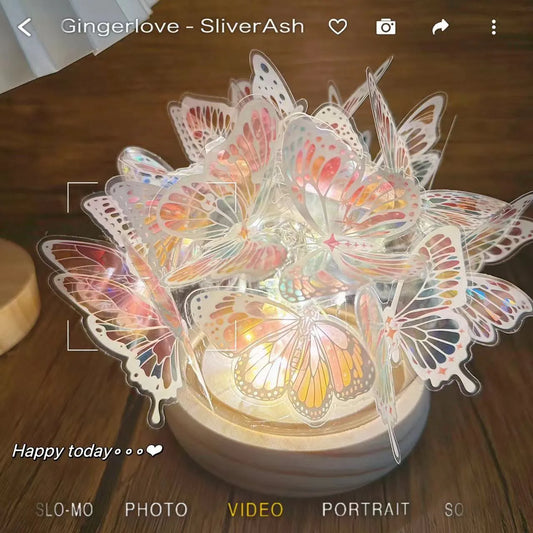 Handmade butterfly night lamp with glass shade on raw wood base, 12cm by 15cm.