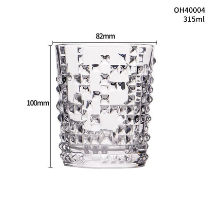 Whiskey shot glass with thick bottom, crystal clear, 350ml capacity, on wooden table