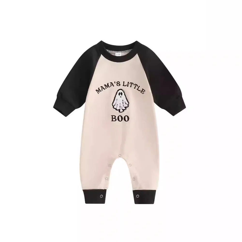 Apricot colour blocked baby jumpsuit with letter ghost embroidery, long sleeves, and pullover closure
