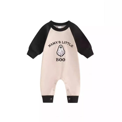 Apricot colour blocked baby jumpsuit with letter ghost embroidery, long sleeves, and pullover closure