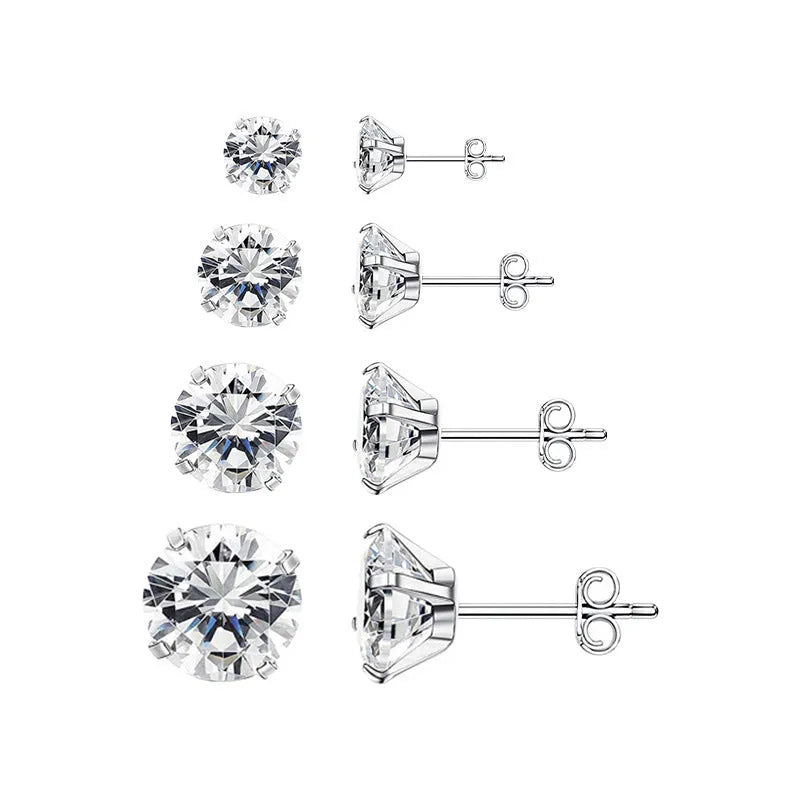 Square geometric stainless steel stud earrings with a round zircon stone, available in steel or gold colour.
