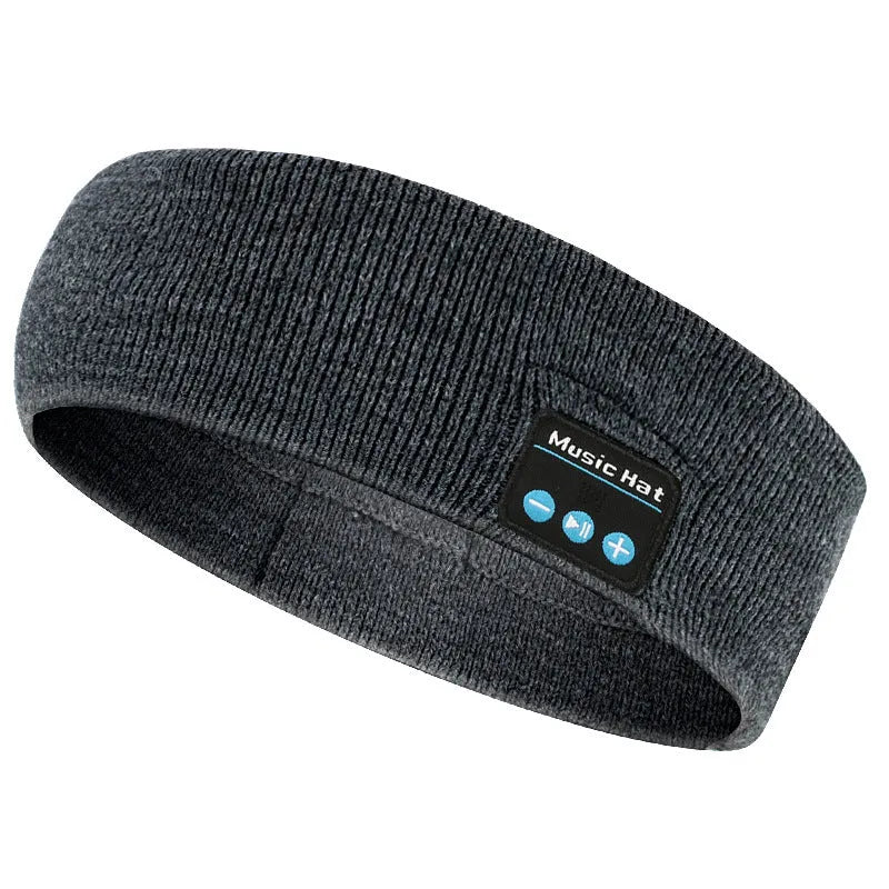 Bluetooth 5.4 head band with eye mask and sports scarf functions in black, dark grey, or grey-white colours