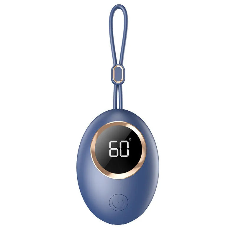 Hand warmer power bank with digital display in charming blue colour, showing aluminium sheet heat dissipation design