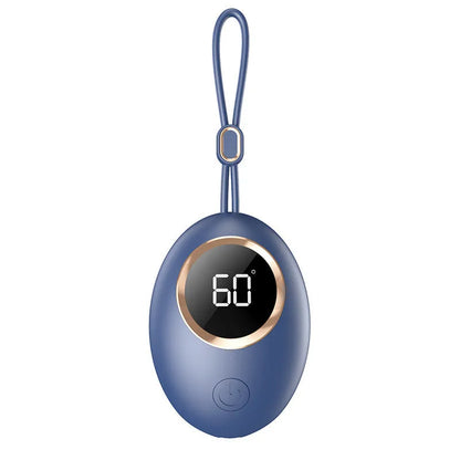 Hand warmer power bank with digital display in charming blue colour, showing aluminium sheet heat dissipation design