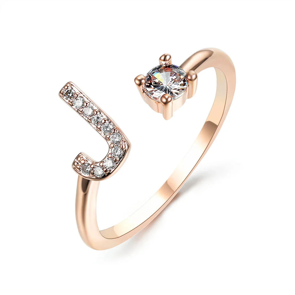Personalized Initial Letter Adjustable Ring made of copper alloy and zircon, showcasing a vintage-inspired design
