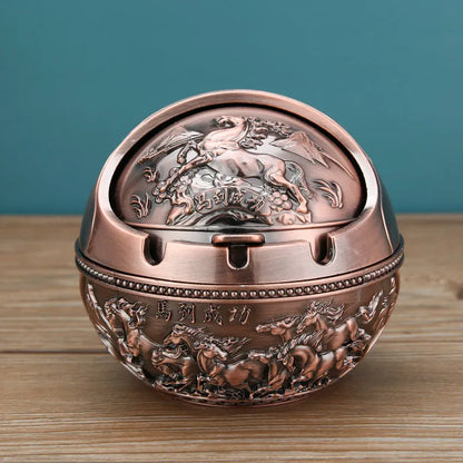 Alloy ashtray with smoke extinguishing slot in bronze finish, featuring Dragon and Phoenix motif, S size