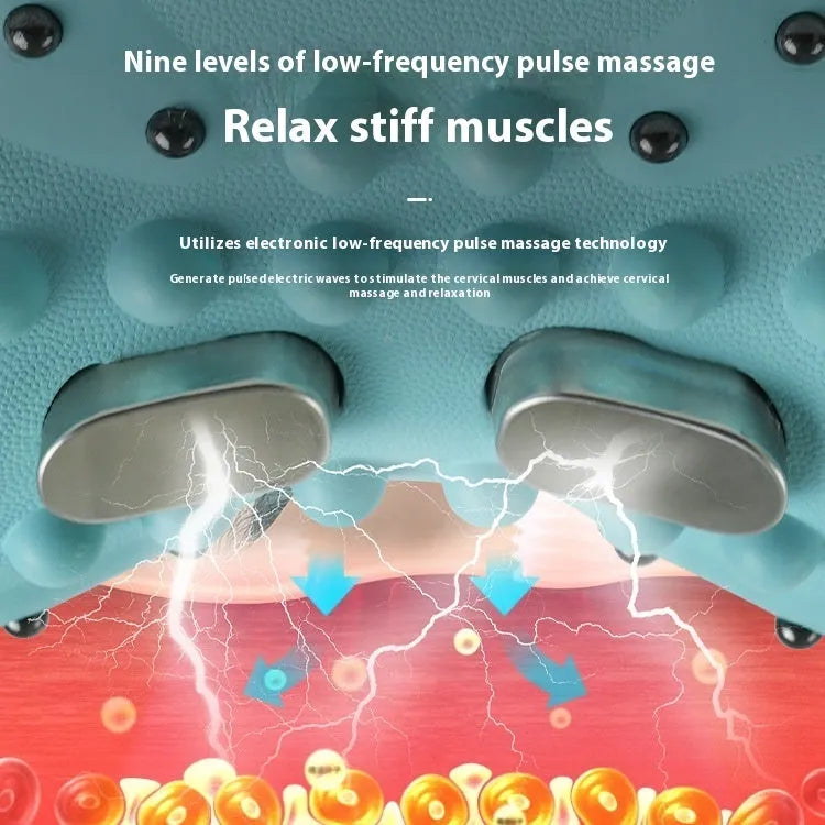 Blue-green portable cervical massage pillow with EMS pulse, hot compress and vibration functions