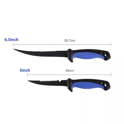 Stainless steel fishing knife with blue handle and protective cover