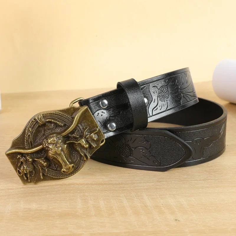 Men's brown imitation leather belt with an embossed alloy cow head pin buckle fastened on trousers.