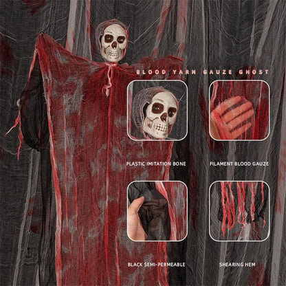 Halloween hanging ghost pendant with blood-dyed skull and wavy cloth for scary decor