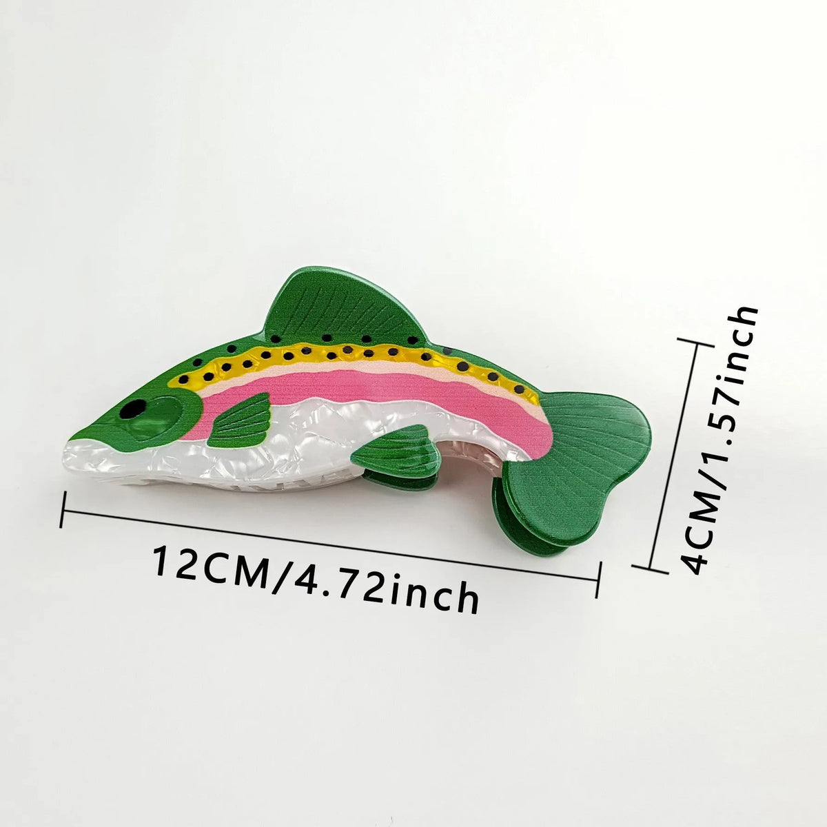 Dark green PVC hair clip with detailed rainbow trout fish design and scale pattern printing