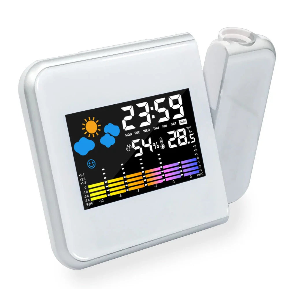 Multifunctional digital alarm clock with projection display, thermometer, hygrometer, and weather forecast