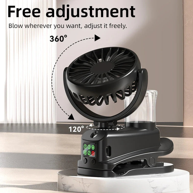 F7 clip spray fan in black colour showing clip attachment and mist spray function