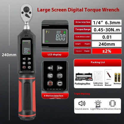 Electronic digital display torque wrench with a chrome-vanadium steel body on a workshop bench.