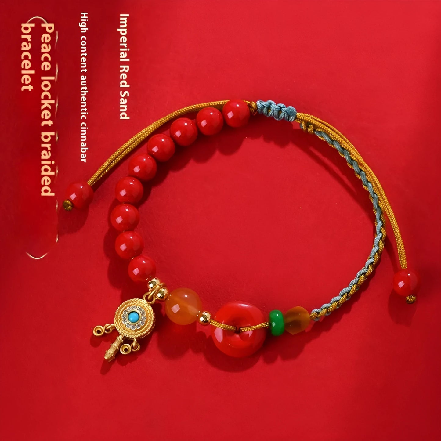 Hand-woven cinnabar peace blessing bracelet in emperor red sand with national style geometry design