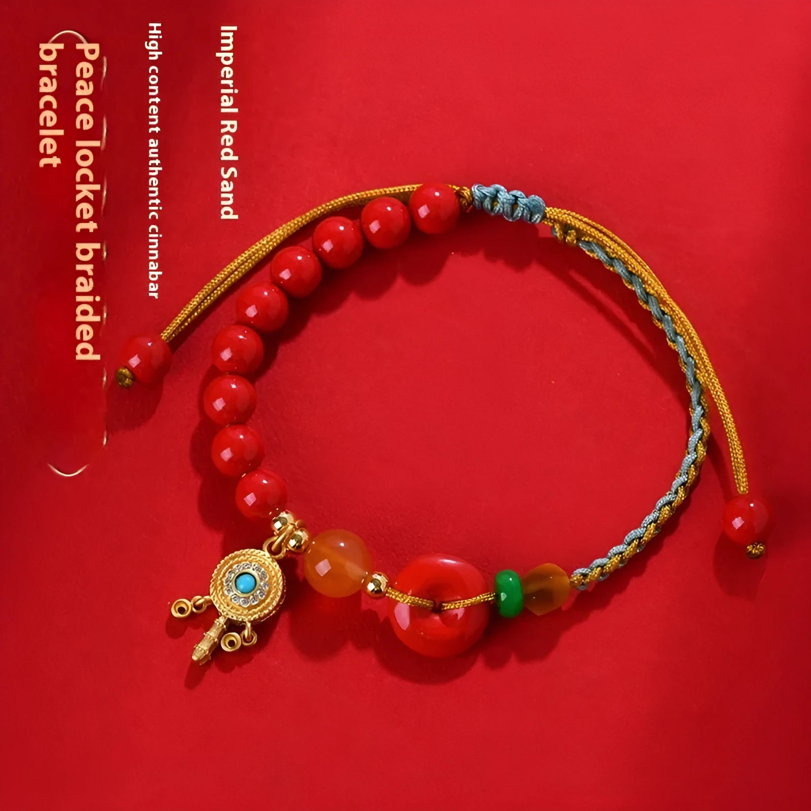 Hand-woven cinnabar peace blessing bracelet in emperor red sand with national style geometry design