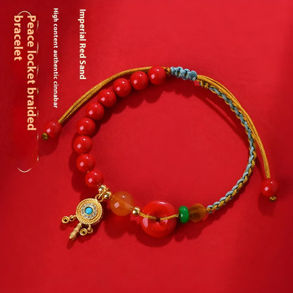 Hand-woven cinnabar peace blessing bracelet in emperor red sand with national style geometry design