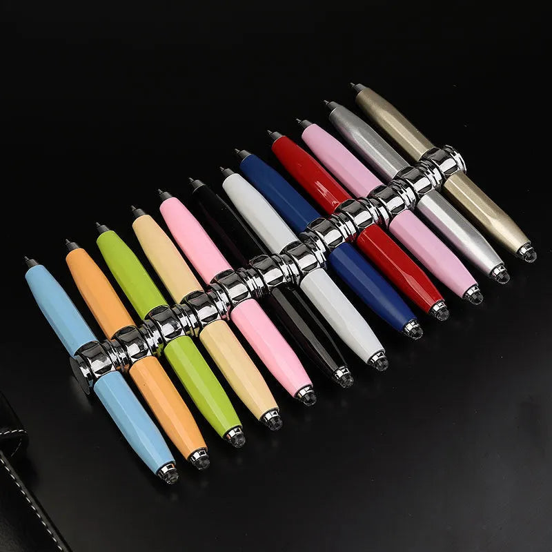 Creative multi-function metal pen with LED light and fingertip gyro spinner for writing and fidgeting.
