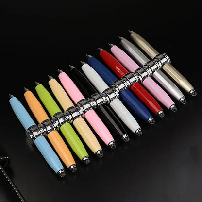 Creative multi-function metal pen with LED light and fingertip gyro spinner for writing and fidgeting.