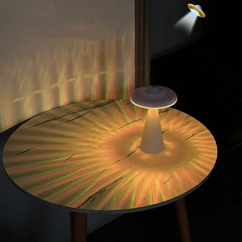 Black or white UFO-shaped night light with USB charging port and LED illumination